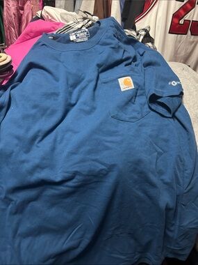 Carhartt Blue Pocket Tee with Yellow Logo Patch